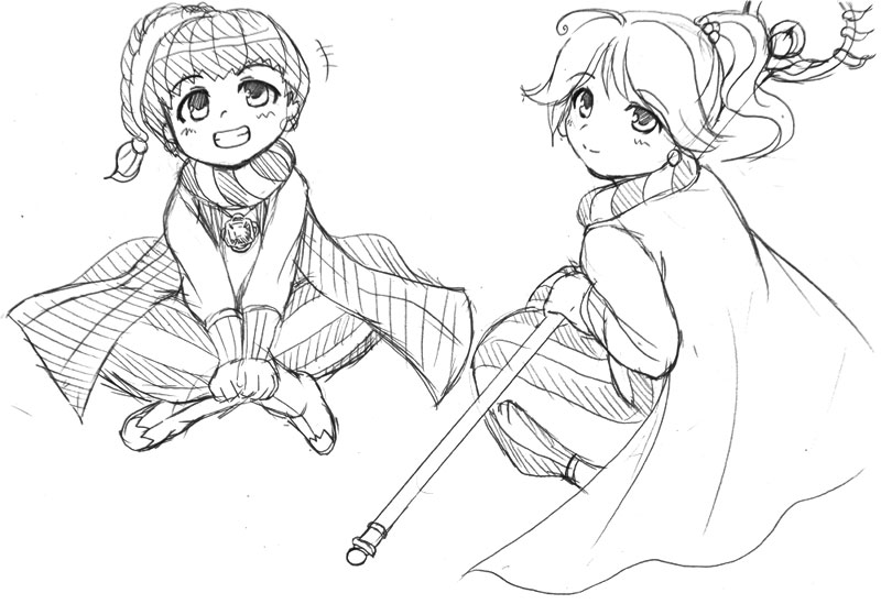 yasakani an, palom, porom, final fantasy, final fantasy iv, 1990s (style), 1boy, 1girl, brother and sister, greyscale, monochrome, siblings, twins