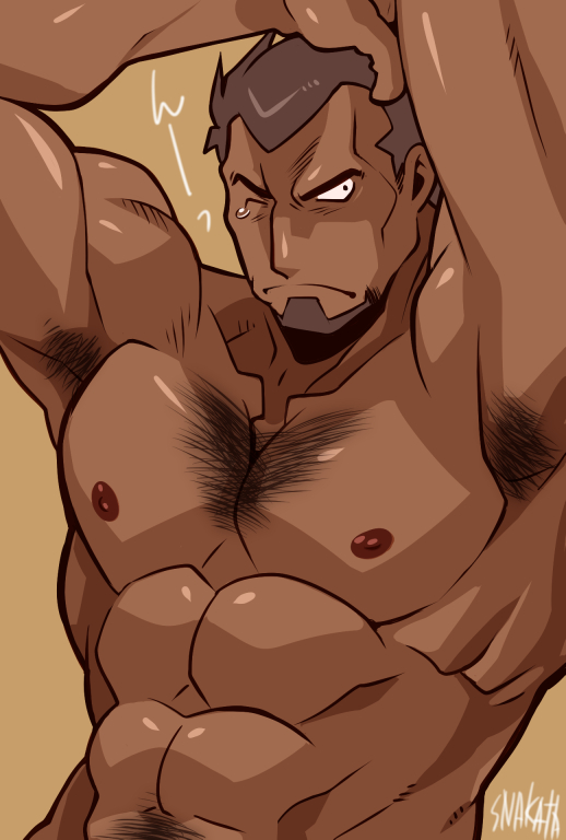 nakata shunpei, rakan dahkaran, gundam, gundam zz, commentary request, 1boy, abs, armpit hair, arms up, bara, brown hair, chest hair, closed mouth, dark-skinned male, dark skin, facial hair, large pectorals, male focus, mature male, muscular, muscular male, nipples, one eye closed, pectorals, short hair, simple background, solo, upper body