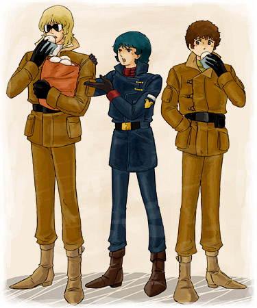 amuro ray, char aznable, kamille bidan, quattro bajeena, gundam, zeta gundam, lowres, 3boys, eating, male focus, multiple boys