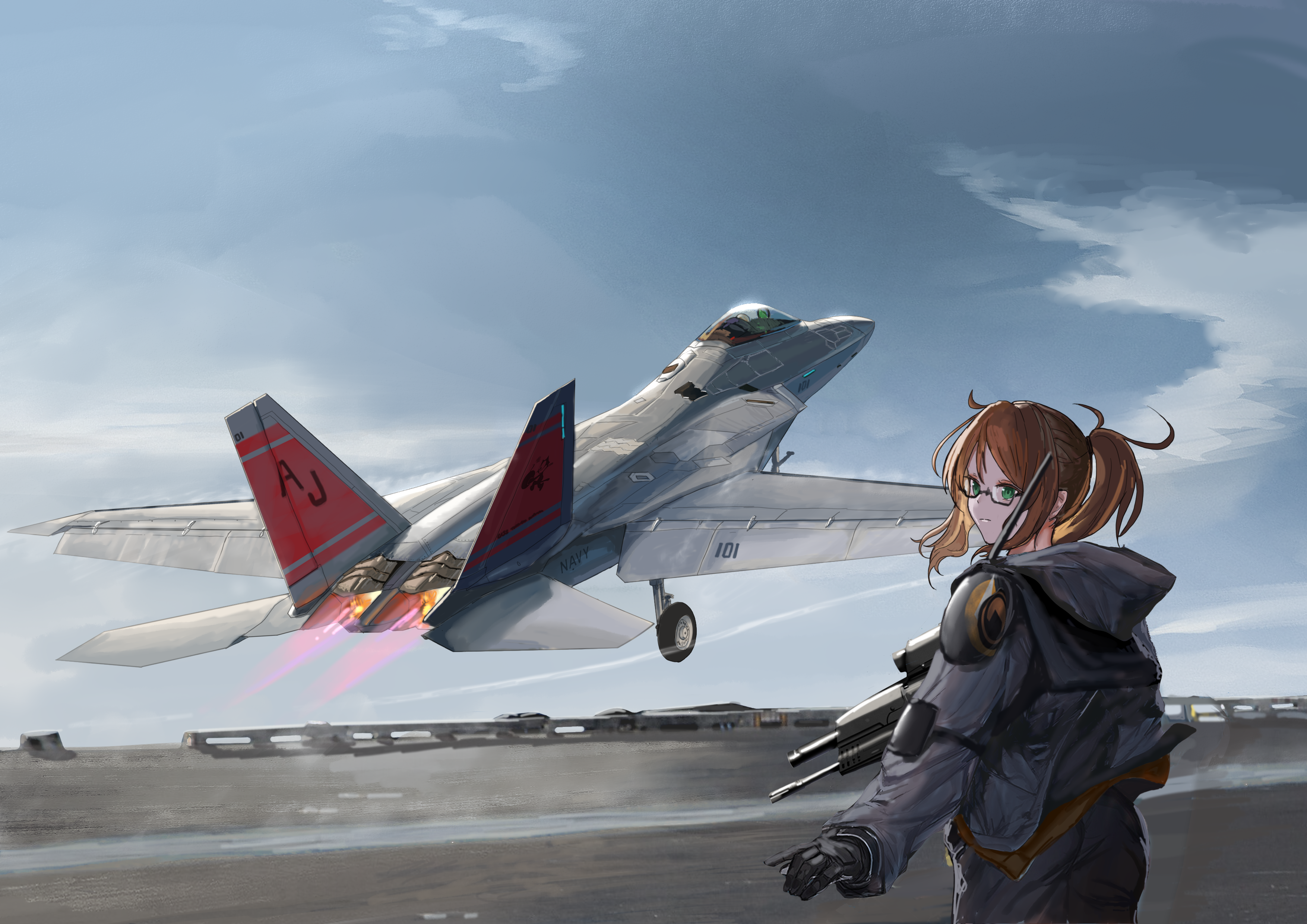 yukikaze supersylph, original, absurdres, commission, highres, pixiv commission, 1girl, aircraft, aircraft carrier, airplane, black-framed eyewear, blue sky, brown hair, cloud, day, f-22 raptor, fighter jet, glasses, green eyes, long hair, military vehicle, natf-22, on ship, outdoors, ponytail, semi-rimless eyewear, ship, sky, solo, takeoff, under-rim eyewear, warship, watercraft
