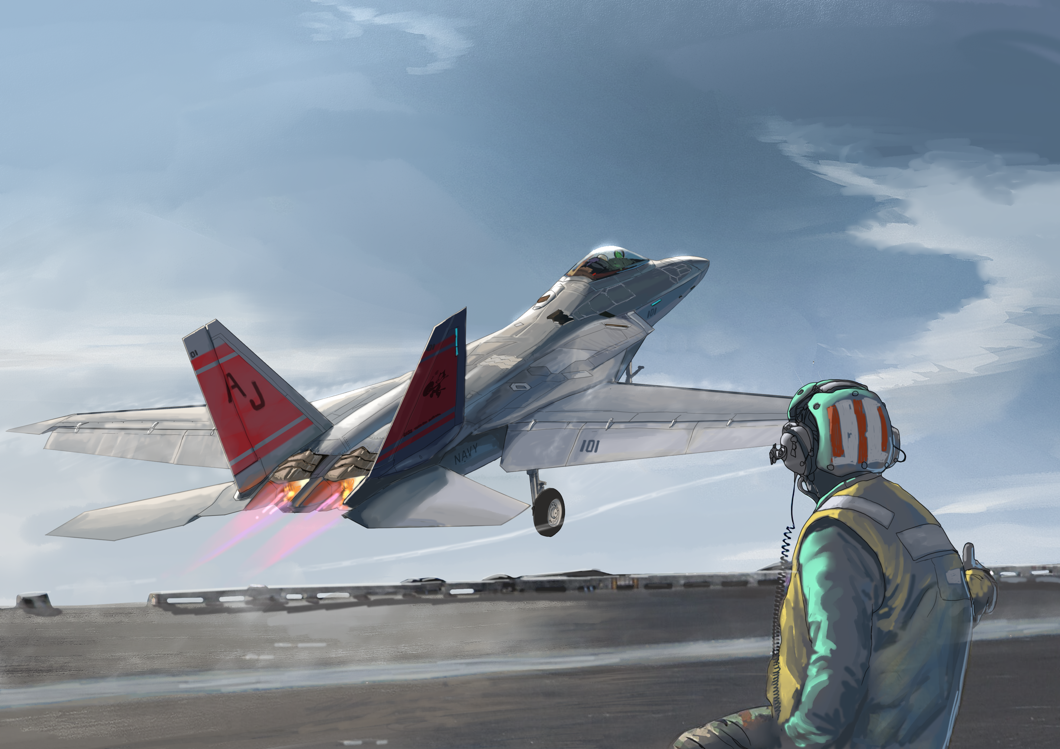 yukikaze supersylph, original, absurdres, commission, highres, pixiv commission, 1other, aircraft, aircraft carrier, aircraft marshaller, airplane, blue sky, cloud, day, f-22 raptor, fighter jet, helmet, military vehicle, natf-22, on ship, outdoors, ship, sky, solo, takeoff, warship, watercraft
