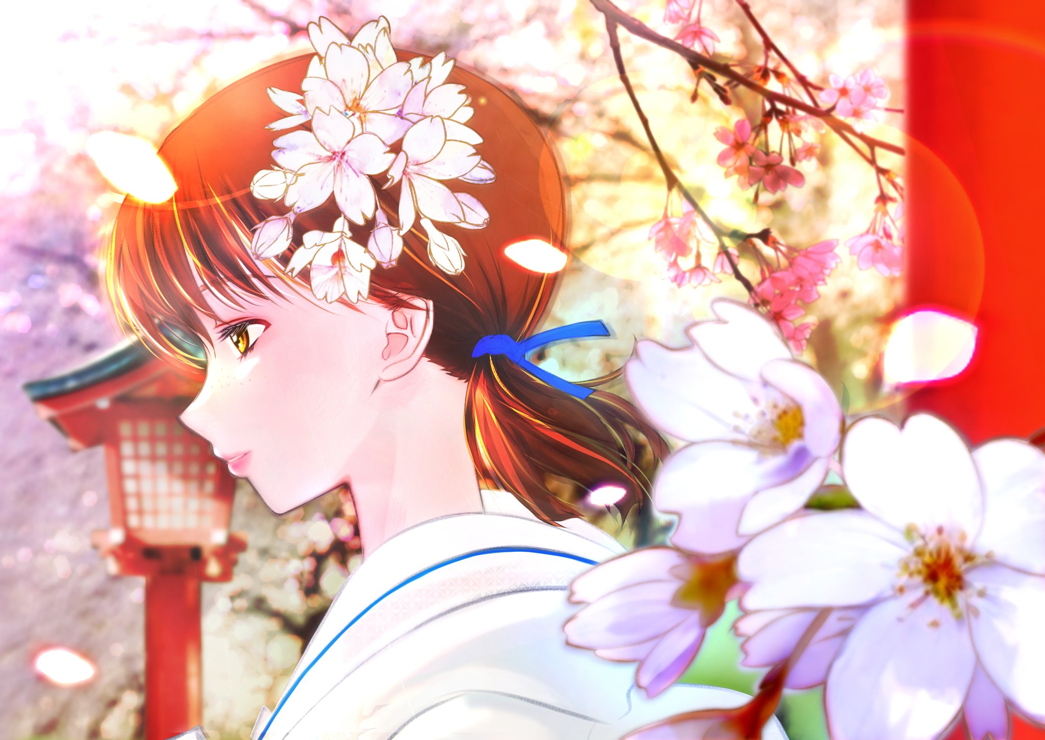 adachi taeko, sentimental graffiti, commentary, highres, blurry, blurry background, branch, brown hair, cherry blossoms, closed mouth, falling petals, flower, from side, hair flower, hair ornament, japanese clothes, kimono, lantern, low twintails, outdoors, petals, pillar, pink flower, portrait, profile, short hair, short twintails, twintails, white flower, white kimono, white petals, wooden lantern, yasurigake555, yellow eyes
