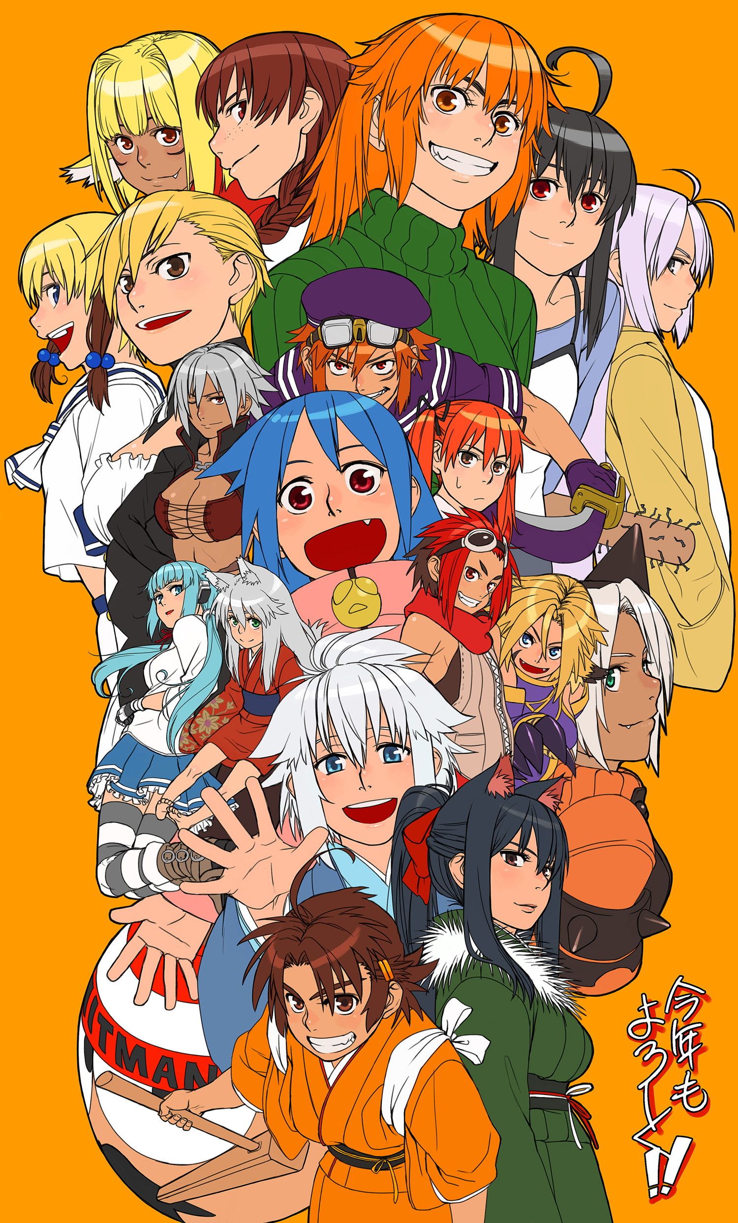 azusa (hws), original, absurdres, highres, 6+girls, ahoge, animal ears, black hair, blonde hair, braid, brown hair, dark-skinned female, dark skin, goggles, japanese clothes, kimono, multiple girls, orange hair, thighhighs, turtleneck, yukata, zettai ryouiki