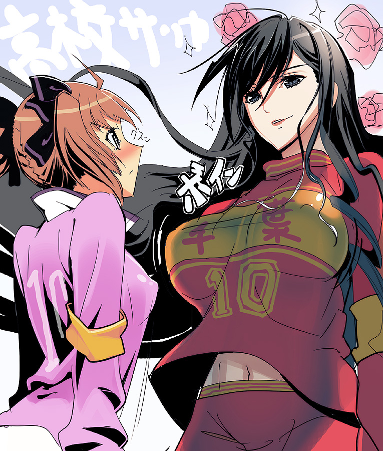 sanbasou, fukuzawa yumi, ogasawara sachiko, maria-sama ga miteru, original, uniform, 00s, 2girls, armlet, black hair, blue eyes, blush, breasts, clothes writing, full-face blush, green eyes, hair ribbon, jealous, jewelry, large breasts, lips, long hair, midriff, multiple girls, navel, ribbon, short hair, sketch, thighhighs, very long hair, you gonna get raped