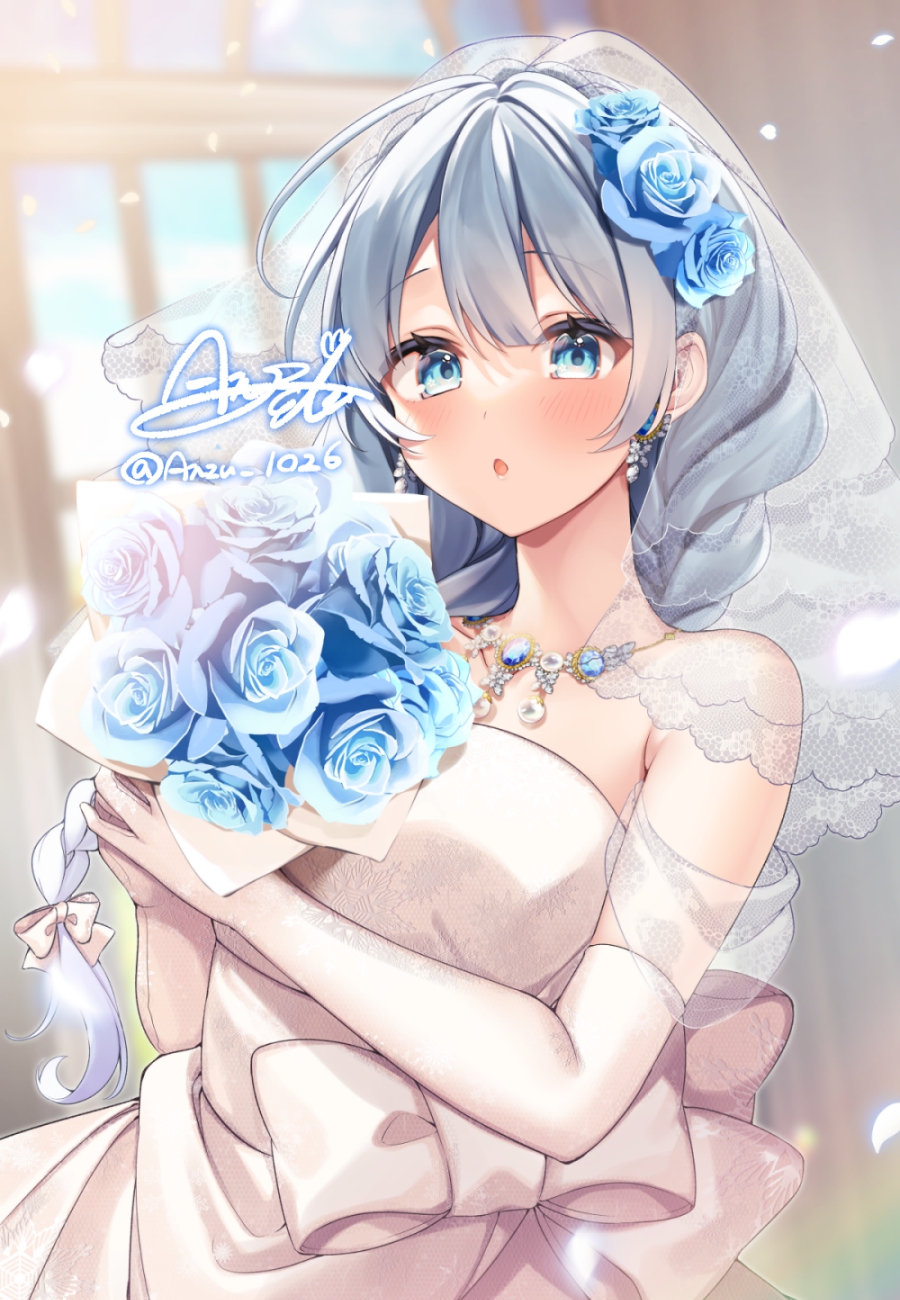 anzu 1026, kazahana mayuri, indie virtual youtuber, commentary request, highres, 1girl, bare shoulders, blue eyes, blue flower, blue hair, blue rose, blush, bouquet, braid, braided ponytail, breasts, bridal veil, dress, earrings, elbow gloves, flower, gloves, hair flower, hair ornament, holding, holding bouquet, jewelry, large breasts, long hair, looking at viewer, open mouth, rose, see-through clothes, see-through veil, signature, solo, twitter username, veil, virtual youtuber, white dress, white gloves