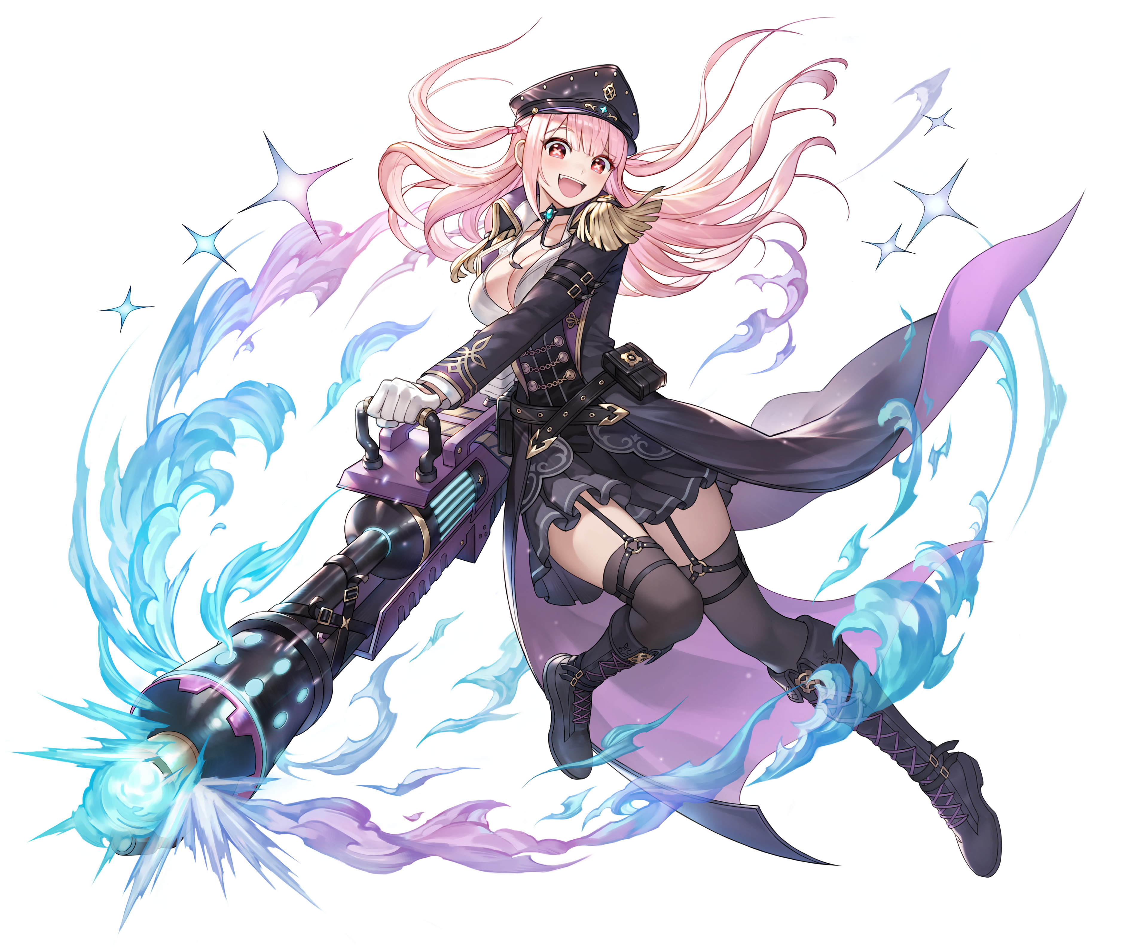 pansirone, king's raid, absurdres, commentary, highres, official art, 1girl, belt, belt pouch, black belt, black boots, black choker, black coat (kingdom hearts), black hat, black skirt, black thighhighs, blue fire, boots, choker, coat, fire, flamethrower, floating clothes, floating hair, full body, garter belt, gloves, hat, holding, holding flamethrower, holding weapon, knees together feet apart, lolco, long coat, long hair, military hat, military uniform, miniskirt, pink hair, pouch, purple coat, red eyes, shirt, skirt, smile, solo, sparkle, symbol-shaped pupils, thighhighs, two-sided coat, two-sided fabric, two side up, weapon, white gloves, white shirt, x-shaped pupils