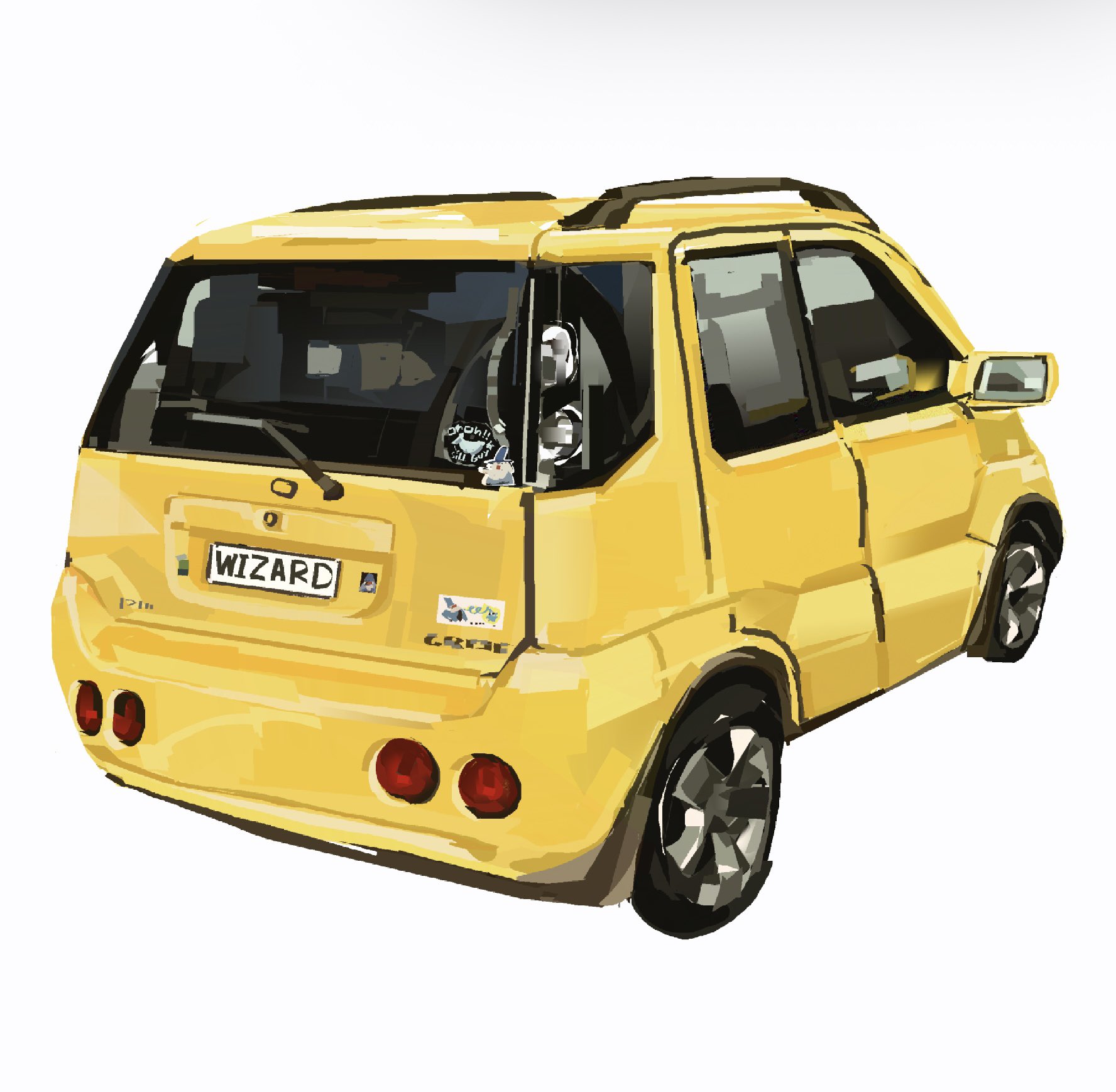junbuug, original, highres, vehicle request, car, english text, license plate, motor vehicle, no humans, object focus, painterly, side-view mirror, simple background, still life, wheel, white background, yellow theme