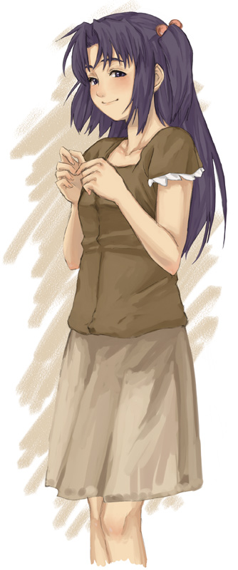 takamichi, tamaru tokihiko, ichinose kotomi, clannad, 00s, 1girl, blue hair, blush, female focus, frills, hair bobbles, hair ornament, long hair, purple eyes, simple background, skirt, solo, standing, two side up