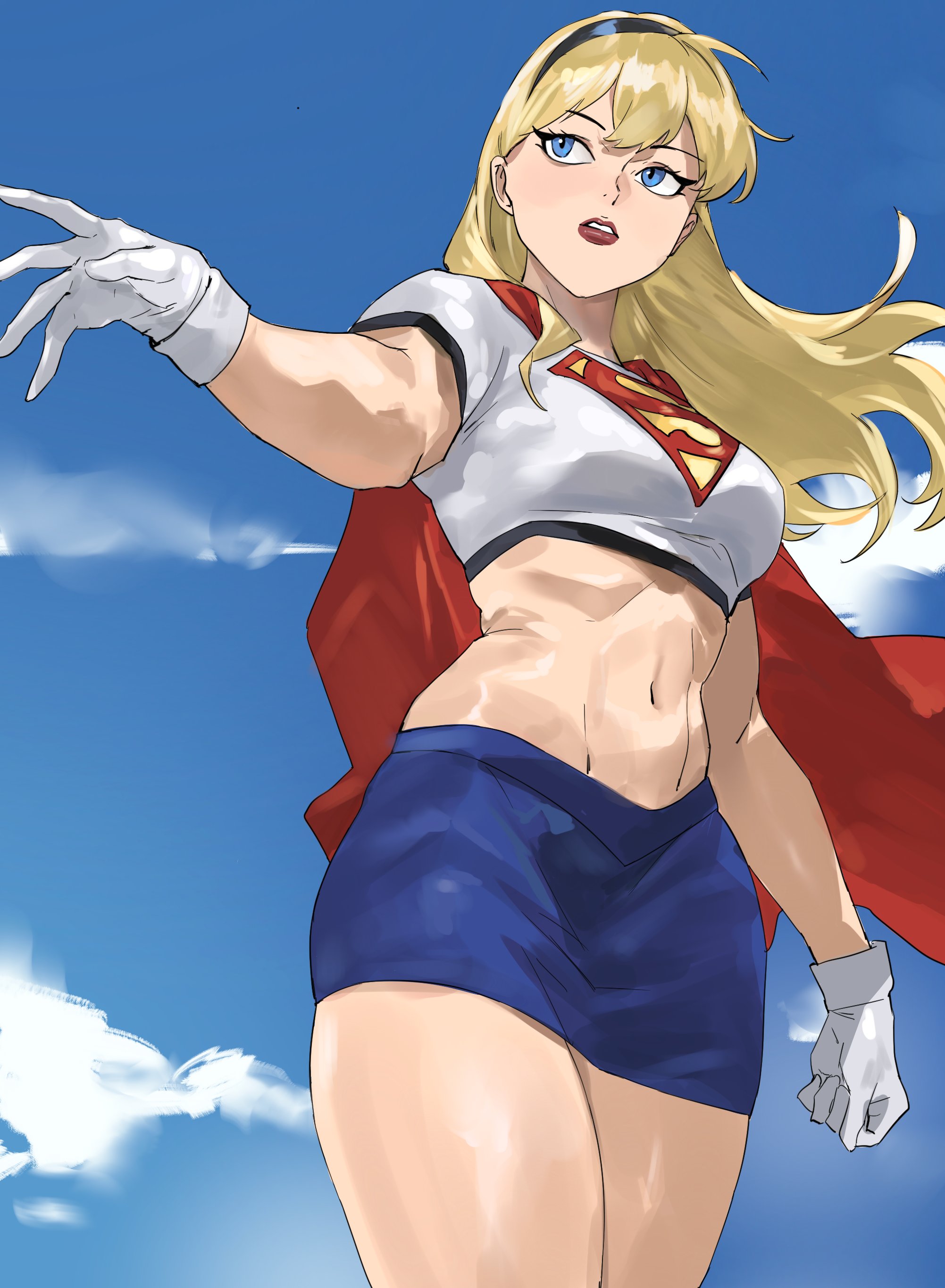 taiyang yu, supergirl, dc comics, superman (series), absurdres, highres, 1girl, blonde hair, blue eyes, breasts, cape, crop top, headband, large breasts, long hair, looking at viewer, medium breasts, midriff, navel, red cape, shirt, skirt, smile, solo, superhero costume