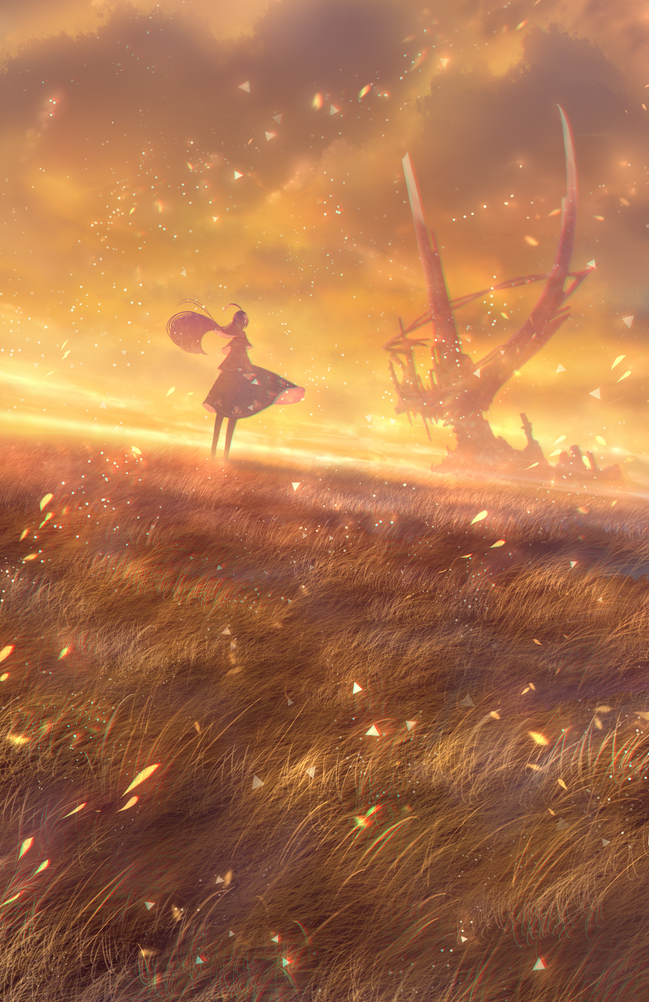 sakimori (hououbds), original, commentary request, highres, 1girl, clothes lift, cloud, cloudy sky, dress, dress lift, evening, falling petals, fantasy, field, grass, long hair, meadow, orange sky, outdoors, petals, scenery, sky, solo, standing, twilight, very long hair, wind, wind lift