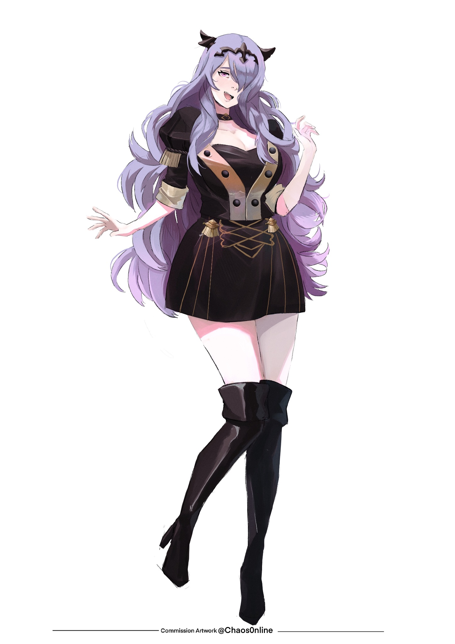 rod langhi, camilla (fire emblem), dorothea arnault, fire emblem, fire emblem: three houses, fire emblem fates, nintendo, highres, 1girl, alternate costume, black boots, black choker, boots, breasts, choker, cleavage, cosplay, dorothea arnault (cosplay), garreg mach monastery uniform, hair ornament, hair over one eye, large breasts, long hair, looking at viewer, open mouth, pink eyes, purple hair, simple background, smile, solo, teeth, thigh boots, tiara, very long hair, wavy hair, white background