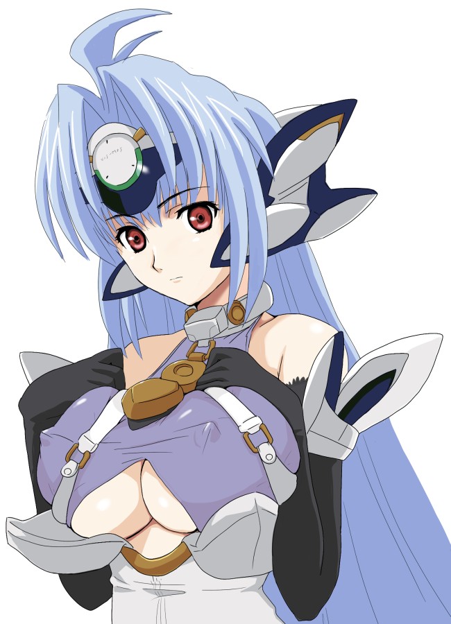 simadoro, kos-mos, kos-mos ver. 4, xenosaga, xenosaga episode iii, 00s, 1girl, blue hair, breasts, covered erect nipples, female focus, gloves, headgear, large breasts, red eyes, simple background, solo, underboob