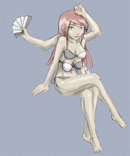 1girl, bikini, breasts, extra arms, extra breasts, female focus, full body, green eyes, grey background, monster girl, multi leg, multi limb, red hair, simple background, sitting, solo, swimsuit