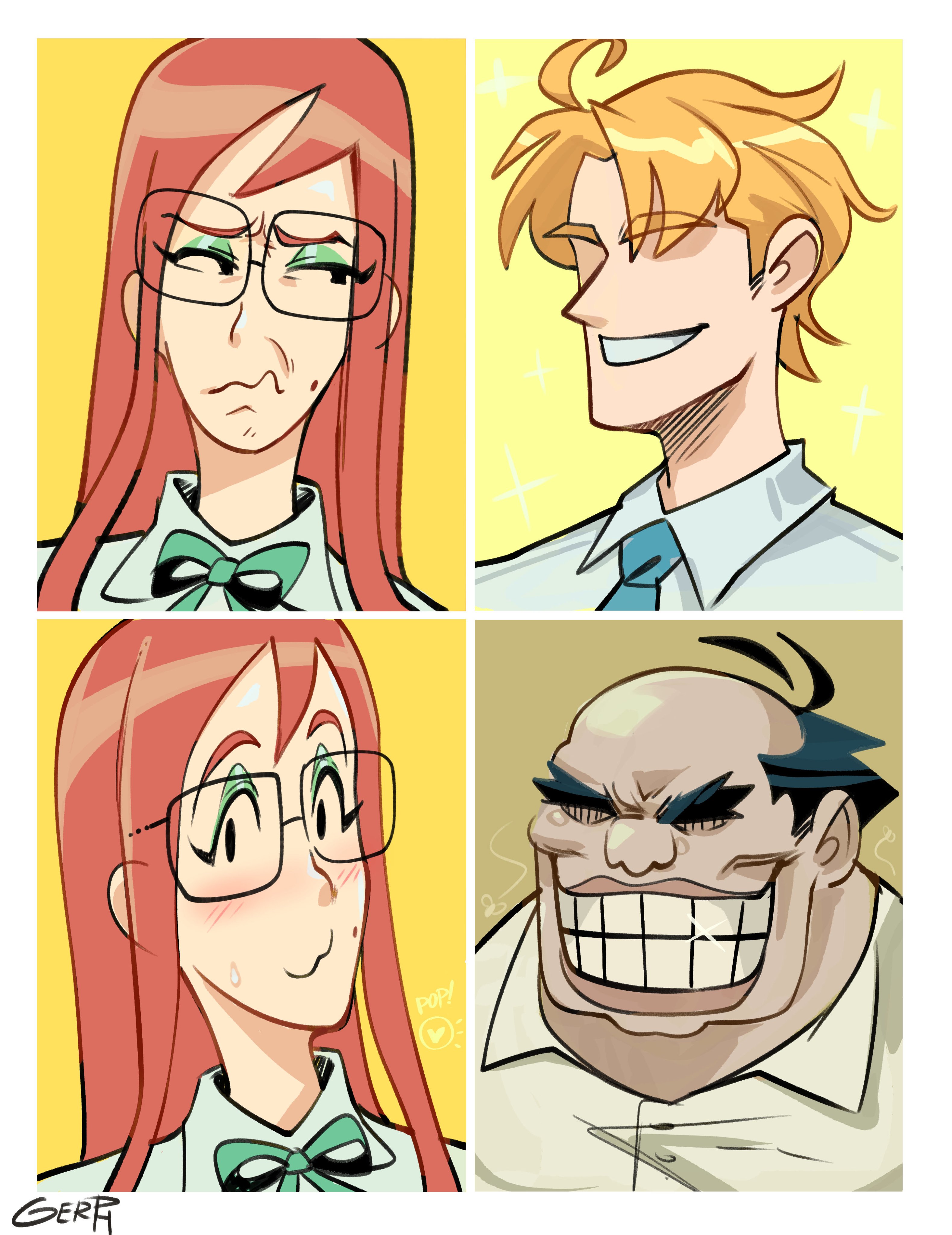 gerph, original, 1girl, 2boys, annoyed, balding, blonde hair, blush, bow, bowtie, female pervert, glasses, heart, makeup, meme, mole, mole under mouth, multiple boys, orange hair, pervert, shine, smile, ugly bastard