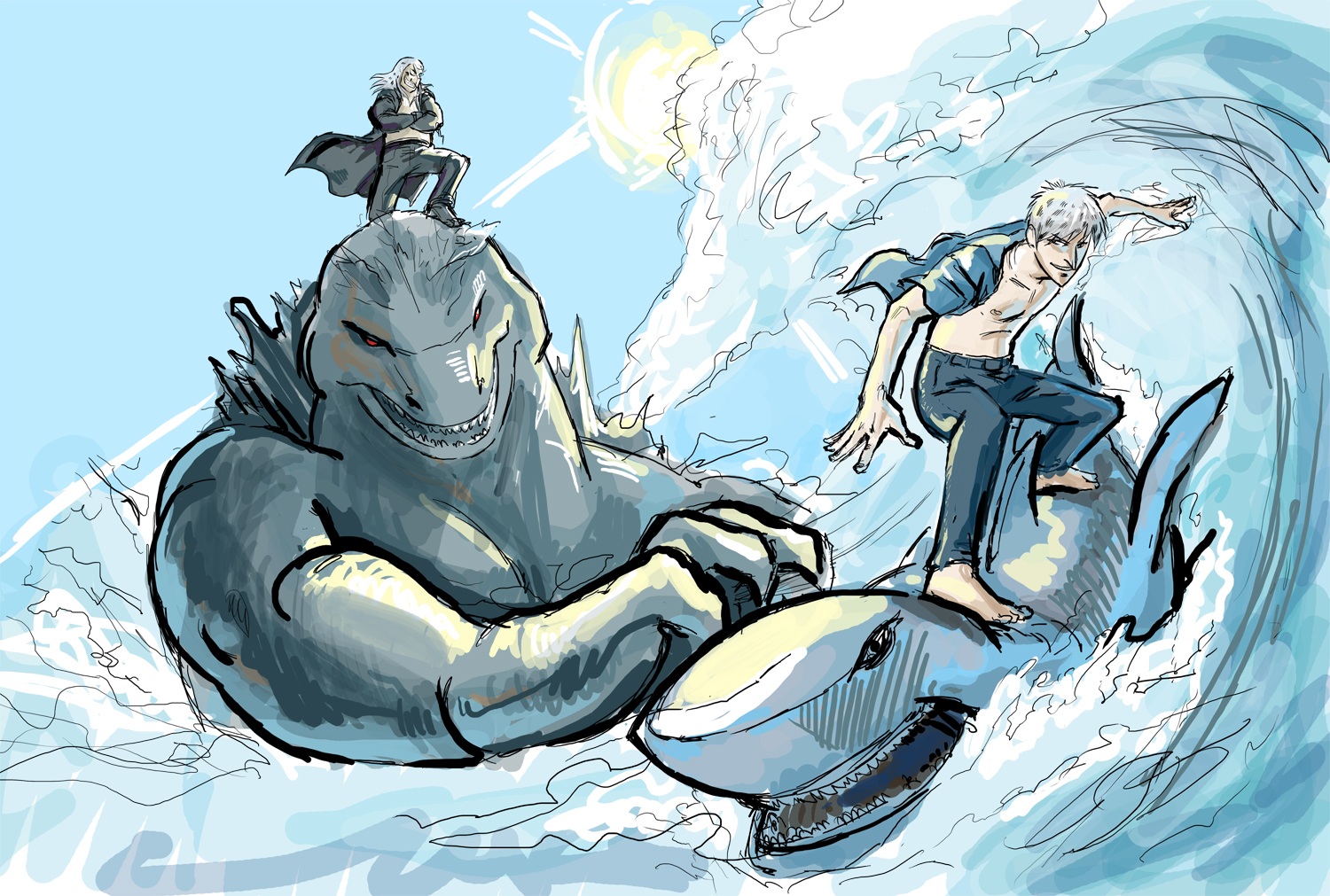 drawfag, shroedinger, akagi shigeru, godzilla, washizu iwao, akagi, akagi: yami ni oritatta tensai, fukumoto mahjong, godzilla (series), toho, 2boys, epic, kaiju, monster, multiple boys, shark, sharp teeth, sun, surfing, teeth, water, white hair