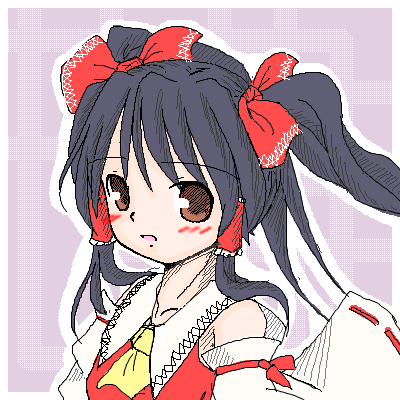 hakurei reimu, touhou, lowres, 1girl, alternate hairstyle, female focus, japanese clothes, miko, oekaki, solo, twintails, upper body