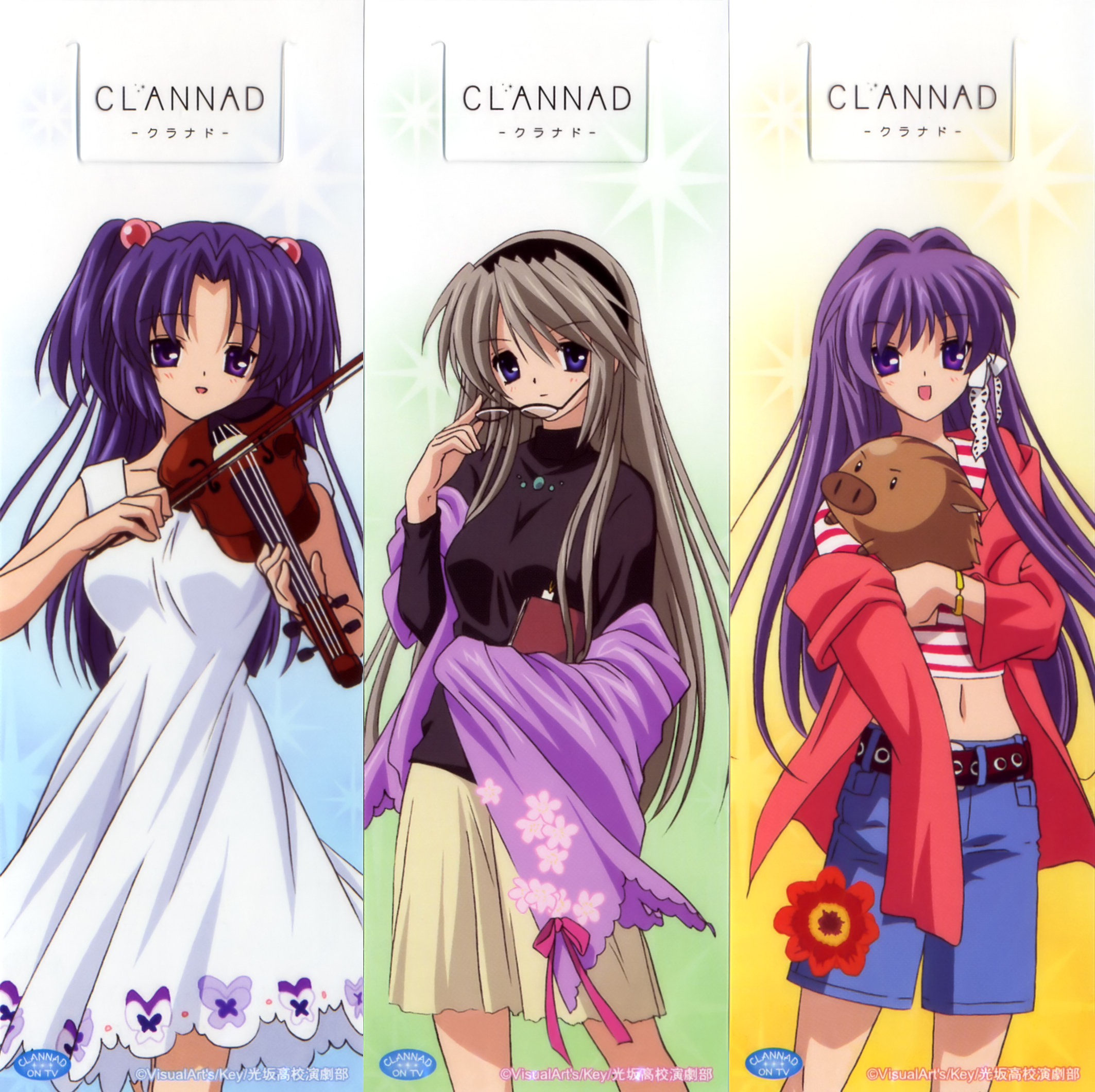 botan (clannad), fujibayashi kyou, ichinose kotomi, sakagami tomoyo, clannad, duplicate, highres, official art, 00s, 3girls, boar, casual, glasses, holding, holding removed eyewear, instrument, long hair, midriff, multiple girls, navel, pig, unworn eyewear, violin