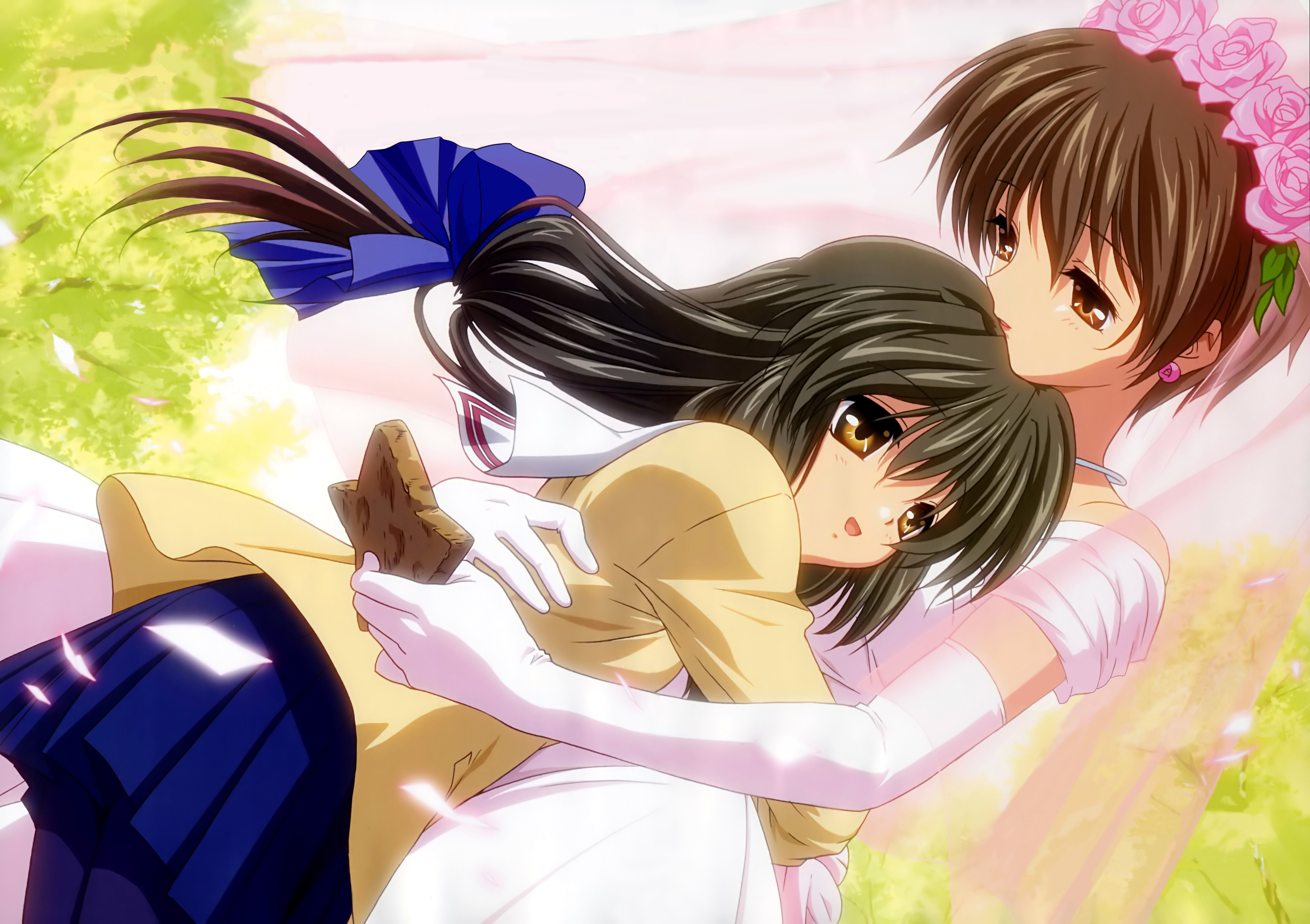 ibuki fuuko, ibuki kouko, clannad, absurdres, highres, official art, 00s, bride, dress, hug, pantyhose, school uniform, serafuku, siblings, sisters, starfish, wedding dress