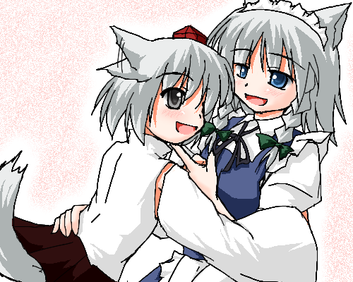 inu sakuya (nejikirio), inubashiri momiji, izayoi sakuya, touhou, lowres, 2girls, animal ears, dog ears, dog tail, ear wiggle, female focus, gradient background, kemonomimi mode, maid, multiple girls, oekaki, skirt, tail, white background, white hair, wolf ears, wolf tail