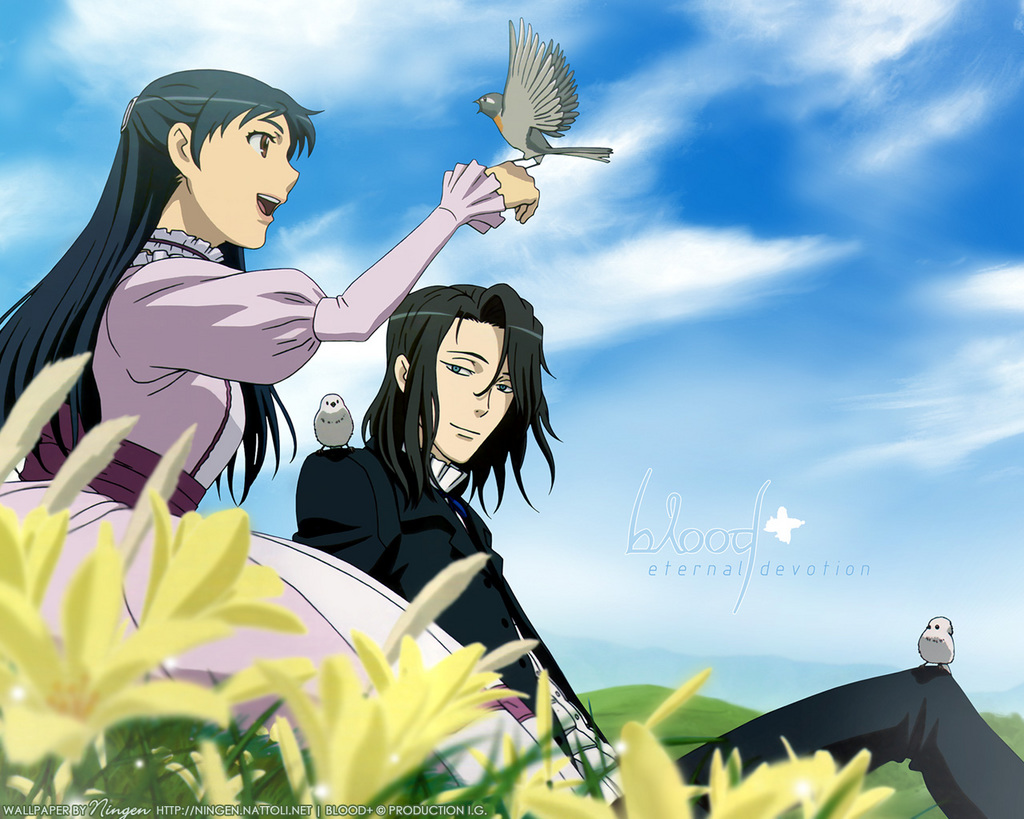 hagi (blood+), otonashi saya, blood+, non-web source, 00s, 1boy, 1girl, bird, bird on hand, black hair, cloud, day, dress, field, flower, long hair, sky