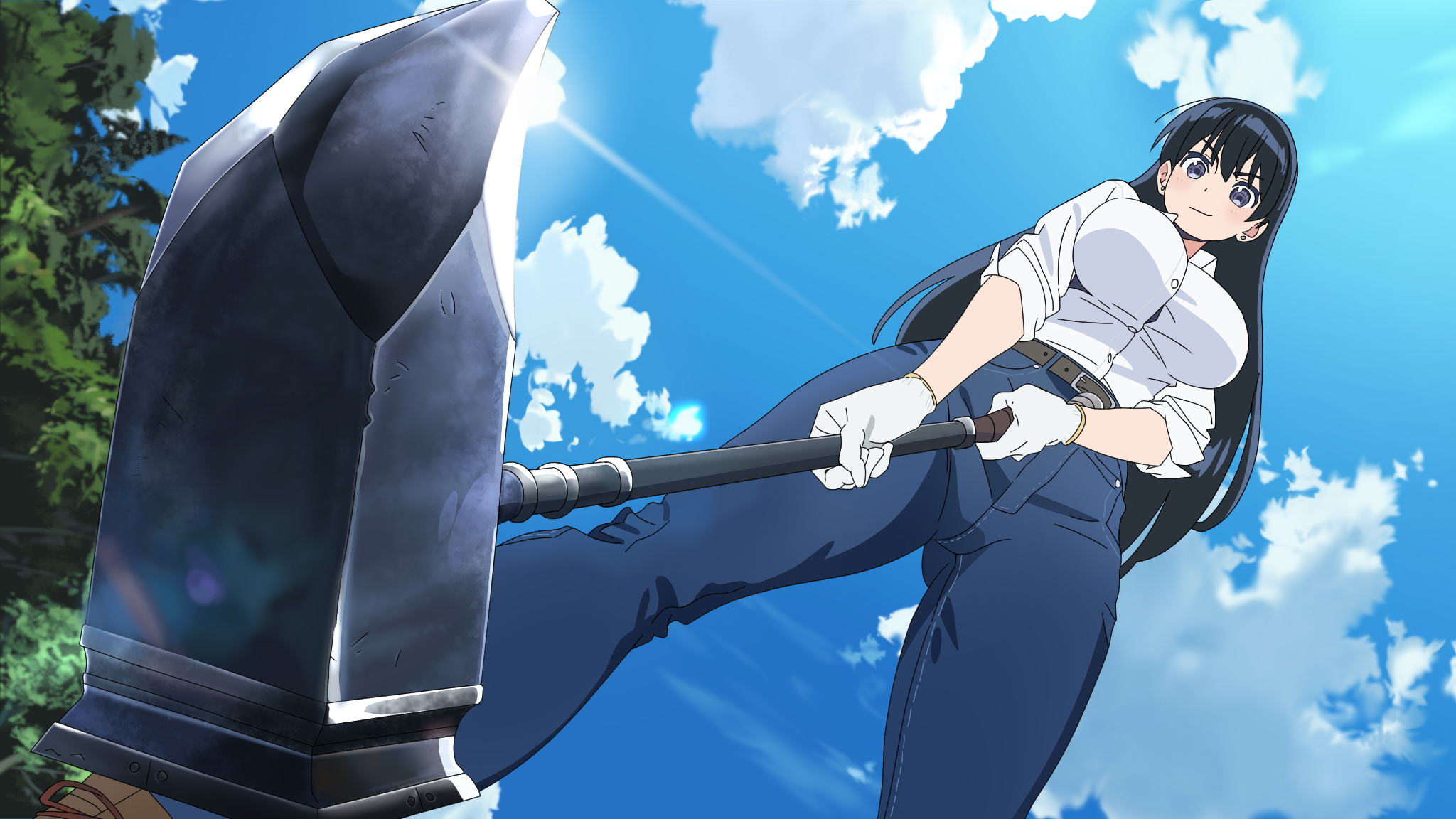 yuuri-622, arato nagi, ruri no houseki, derivative work, highres, making-of available, 1girl, belt, black hair, blue pants, blue sky, breasts, cloud, collared shirt, curvy, day, ear piercing, earrings, foreshortening, glint, gloves, hammer, holding, holding hammer, jewelry, large breasts, long hair, outdoors, pants, piercing, purple eyes, shirt, sky, smile, solo, standing, stud earrings, tree, v-shaped eyebrows, white gloves, white shirt