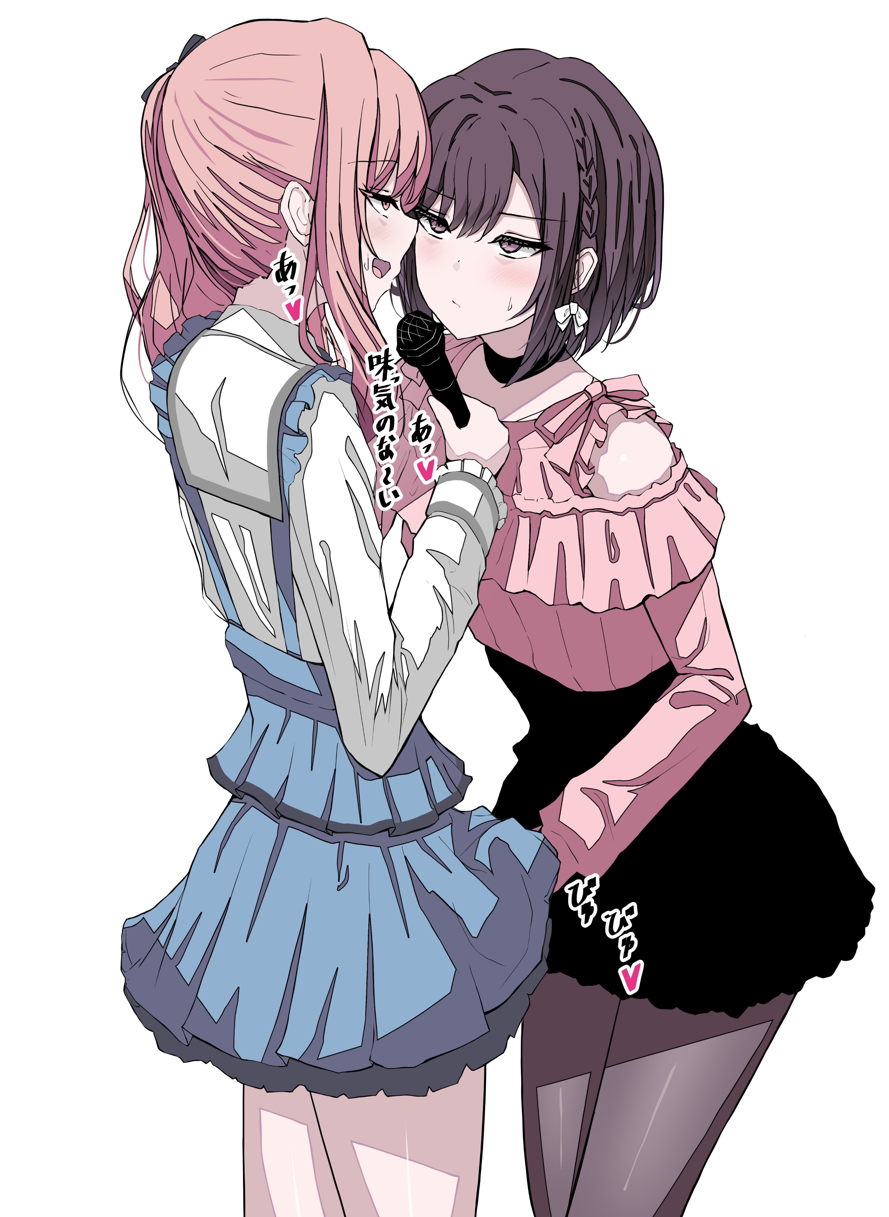 chin gero, akiyama mizuki, shinonome ena, project sekai, tekoki karaoke, tied, absurdres, highres, 1girl, 1other, braid, brown eyes, brown hair, closed mouth, clothes lift, dress, drill hair, frilled dress, frilled skirt, frills, holding, holding microphone, implied handjob, karaoke, long hair, microphone, multiple girls, open mouth, pink eyes, pink hair, short hair, side braid, side ponytail, single braid, skirt, skirt lift, white background