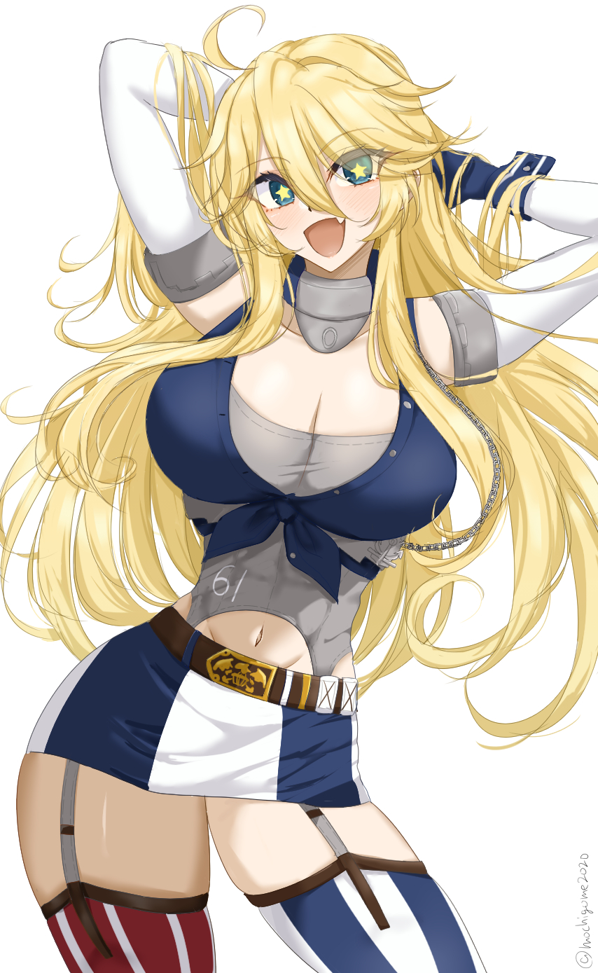 chamumi (mochiumee), iowa (kancolle), kantai collection, highres, 1girl, american flag, american flag legwear, blonde hair, blue eyes, blush, breasts, cleavage, cowboy shot, elbow gloves, front-tie top, garter straps, gloves, hair between eyes, large breasts, long hair, looking at viewer, open mouth, skirt, smile, solo, star-shaped pupils, star (symbol), striped clothes, striped skirt, symbol-shaped pupils, thighhighs, vertical-striped clothes, vertical-striped skirt, white background