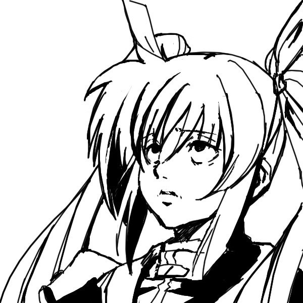 takamachi nanoha, lyrical nanoha, mahou shoujo lyrical nanoha, mahou shoujo lyrical nanoha strikers, eyebrows, uniform, 00s, 1girl, dress, expressionless, female focus, greyscale, hair ribbon, long hair, magical girl, monochrome, ribbon, sidelocks, simple background, sketch, solo, twintails, upper body, very long hair, white background, white devil