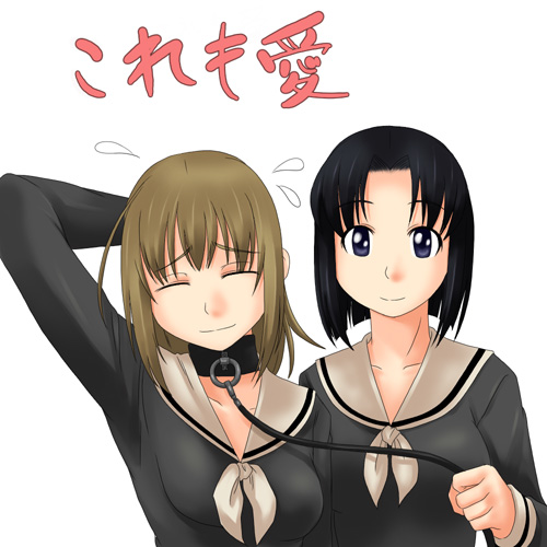 toshifumi, mizuno youko, satou sei, maria-sama ga miteru, lowres, 00s, 2girls, arm behind head, black hair, blonde hair, brown hair, collarbone, leash, multiple girls, school uniform, short hair, simple background, white background