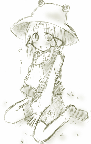 togashi yuu, moriya suwako, touhou, 1girl, female focus, full body, greyscale, hat, monochrome, sketch, skirt, solo, white background
