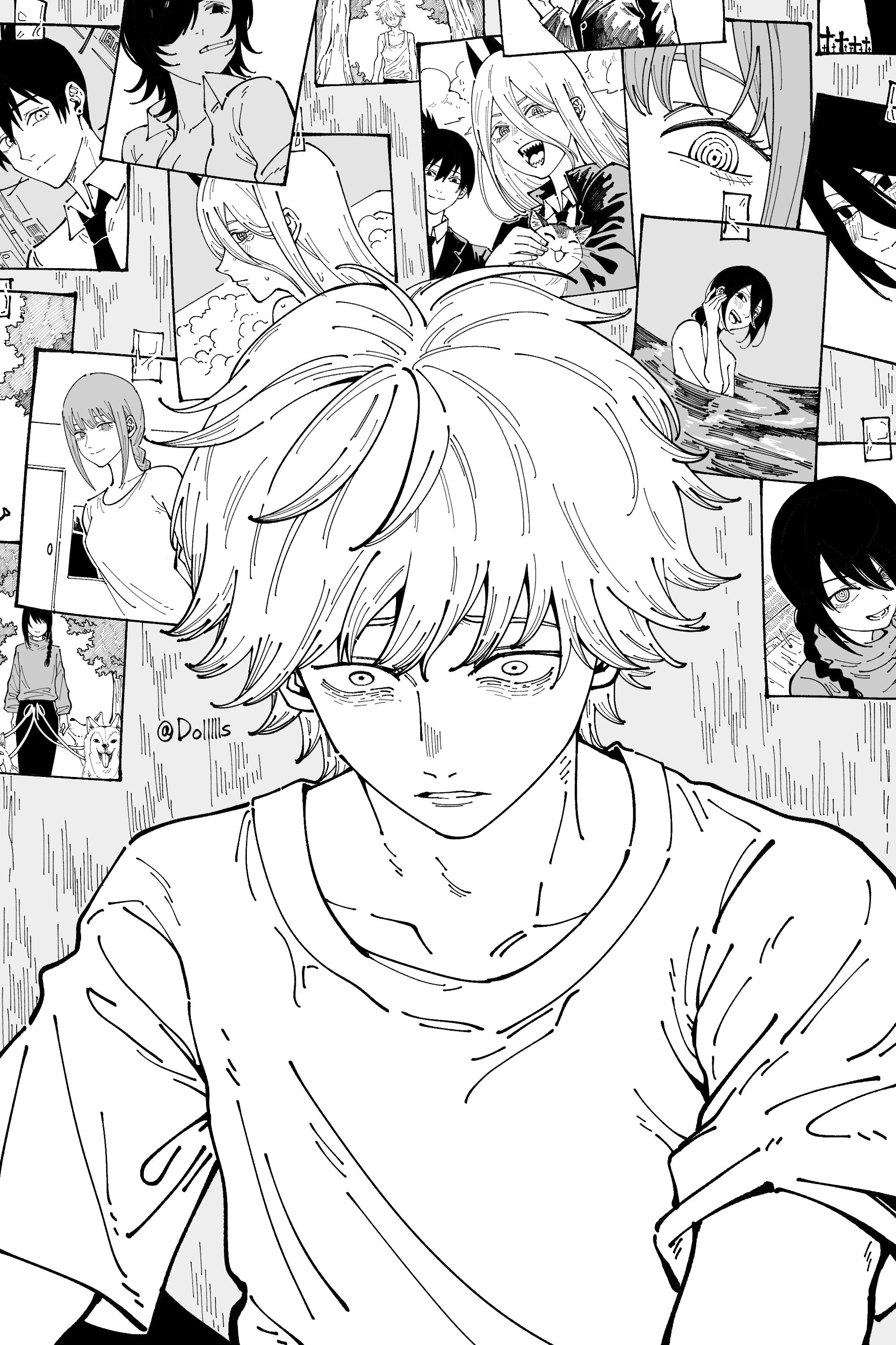 dollllls2, denji (chainsaw man), hayakawa aki, himeno (chainsaw man), makima (chainsaw man), meowy (chainsaw man), nayuta (chainsaw man), power (chainsaw man), reze (chainsaw man), chainsaw man, absurdres, highres, 1boy, artist name, constricted pupils, dog, greyscale, male focus, monochrome, parted lips, photo (object), ringed eyes, shirt, short hair, solo, t-shirt, upper body