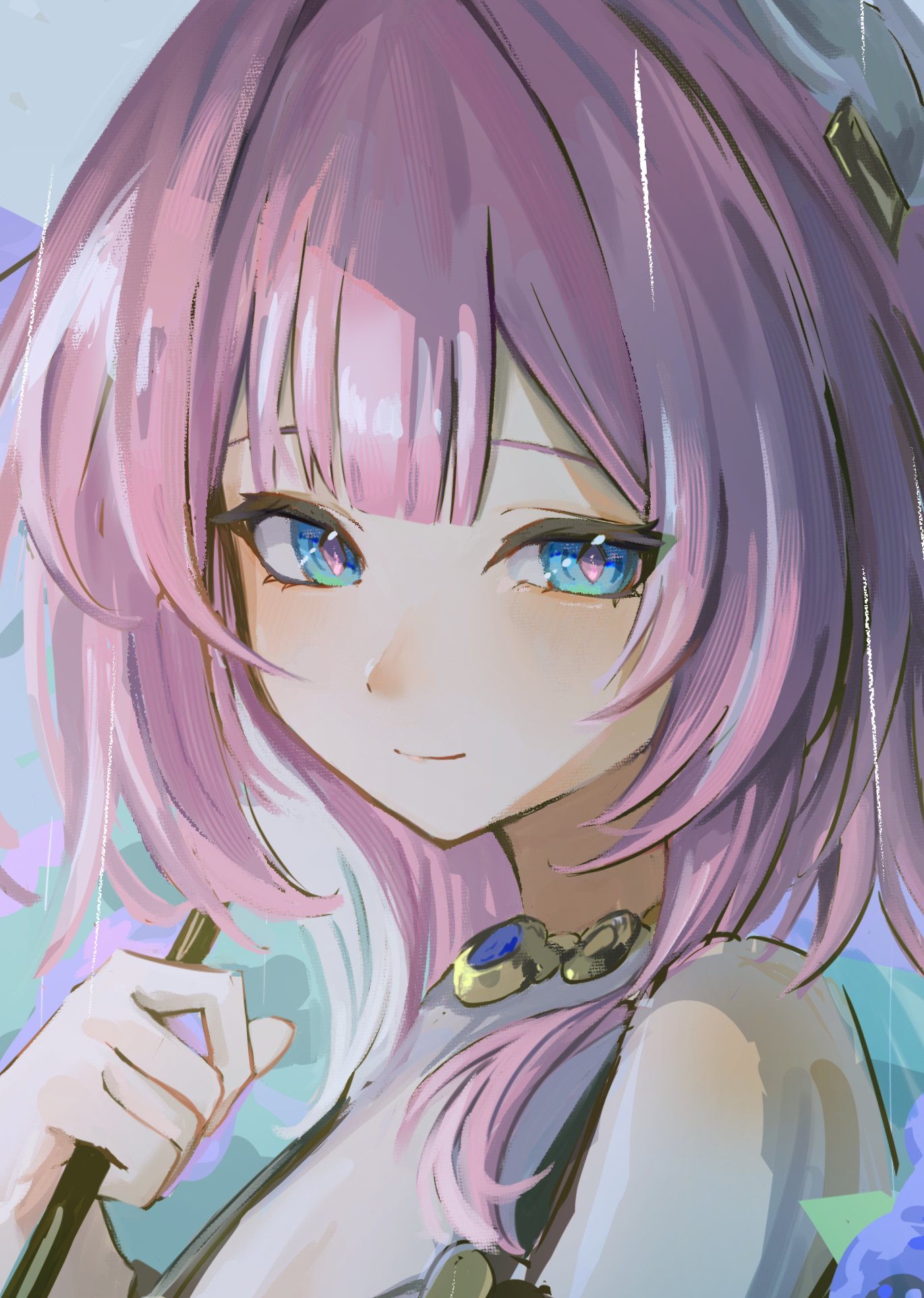 neneneneko, cyrene (honkai: star rail), honkai: star rail, honkai (series), hashtag-only commentary, highres, 1girl, bare shoulders, hair ornament, jewelry, looking at viewer, multicolored hair, necklace, pink hair, short hair, smile, solo, two-tone hair, upper body, white hair