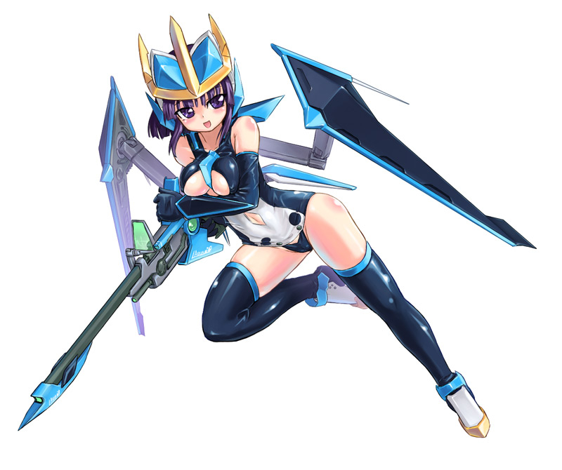 homura subaru, empoleon, nintendo, pokemon, 1girl, breasts, cameltoe, costume, covered erect nipples, female focus, gen 4 pokemon, gun, large breasts, navel, personification, purple eyes, purple hair, short hair, simple background, solo, thighhighs, weapon, white background