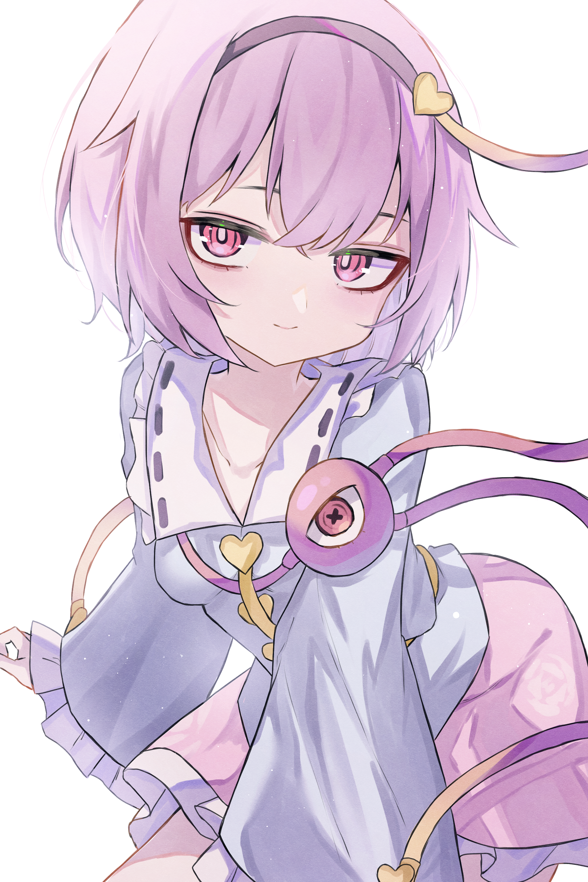 katsukare, komeiji satori, touhou, absurdres, commentary request, highres, 1girl, black hairband, blouse, blue shirt, blush, breasts, buttons, frilled sleeves, frills, hair between eyes, hair ornament, hairband, heart, heart button, heart hair ornament, leaning forward, long hair, looking at viewer, medium hair, miniskirt, pink eyes, pink hair, pink skirt, shirt, skirt, small breasts, smile, solo, third eye, wide sleeves