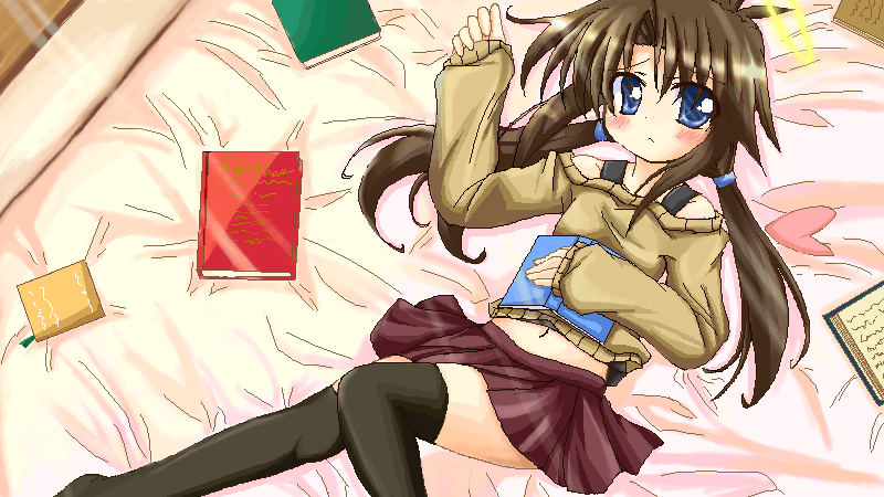 makino (ukiuo), 1girl, blue eyes, book, female focus, oekaki, solo, sweater, thighhighs, zettai ryouiki