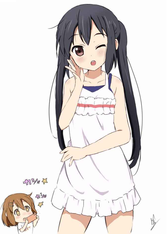 ma-2 (konkon kitakitsune), hirasawa yui, nakano azusa, k-on!, + +, 2girls, :o, black hair, blush, brown hair, cellphone, cowboy shot, dot nose, double-parted bangs, dress, hair between eyes, hair ornament, hairclip, hand on own cheek, hand on own face, long hair, looking at viewer, multiple girls, one eye closed, open mouth, phone, red eyes, sidelocks, signature, simple background, smartphone, standing, taking picture, teeth, thighs, upper teeth only, white background, white dress