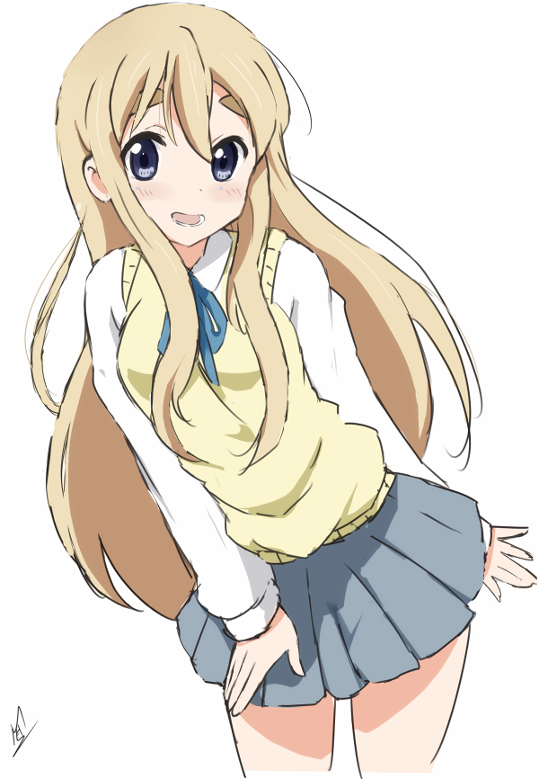 ma-2 (konkon kitakitsune), kotobuki tsumugi, k-on!, blonde hair, blue eyes, blue ribbon, blue skirt, blush, contrapposto, cowboy shot, dot nose, double-parted bangs, hair between eyes, long hair, long sleeves, looking at viewer, lower teeth only, open mouth, pleated skirt, ribbon, school uniform, shirt, sidelocks, signature, simple background, skirt, sleeveless vest, smile, solo, teeth, thick eyebrows, vest, white background, white shirt, yellow vest