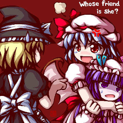 fukaiton, kirisame marisa, patchouli knowledge, remilia scarlet, touhou, lowres, 3girls, bat wings, blunt bangs, english text, female focus, hat, mob cap, multiple girls, oekaki, shaded face, simple background, strangling, wings