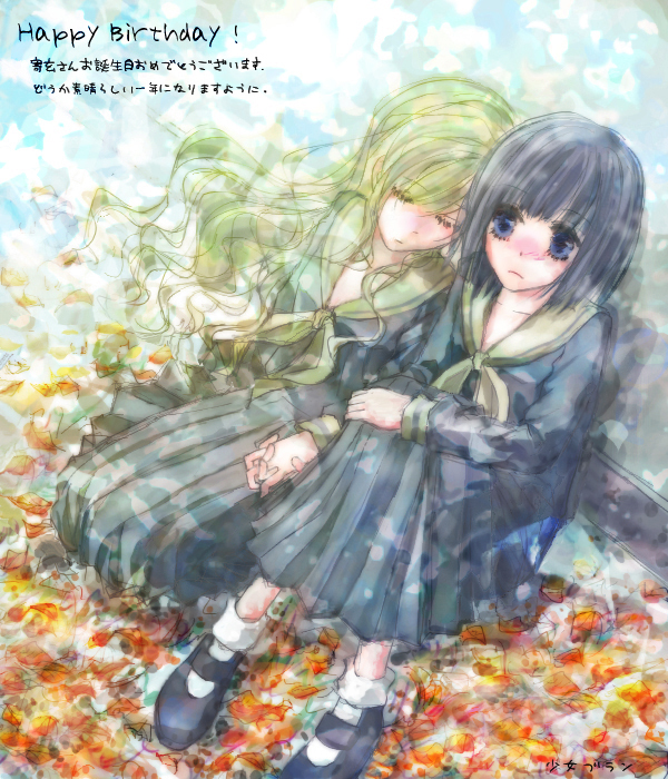 yorukuro, nijou noriko, toudou shimako, maria-sama ga miteru, white legwear, 00s, 2girls, autumn leaves, black dress, black hair, blonde hair, blush, bobby socks, dress, from behind, knees up, leaf, long sleeves, looking at viewer, mary janes, multiple girls, nose blush, shoes, sleeping, sleeping upright, socks, yuri