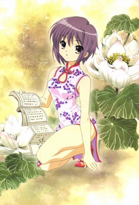 ikeda shouko, nagato yuki, suzumiya haruhi no yuuutsu, bare shoulders, china dress, chinese clothes, kneeling, purple eyes, purple hair, short hair, side slit, solo