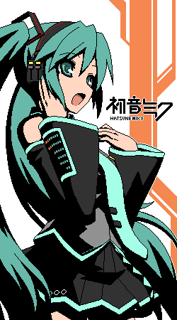deku (dekunosu), hatsune miku, vocaloid, lowres, 1girl, aqua hair, character name, cowboy shot, female focus, hand on headphones, headphones, long hair, oekaki, solo, twintails, very long hair