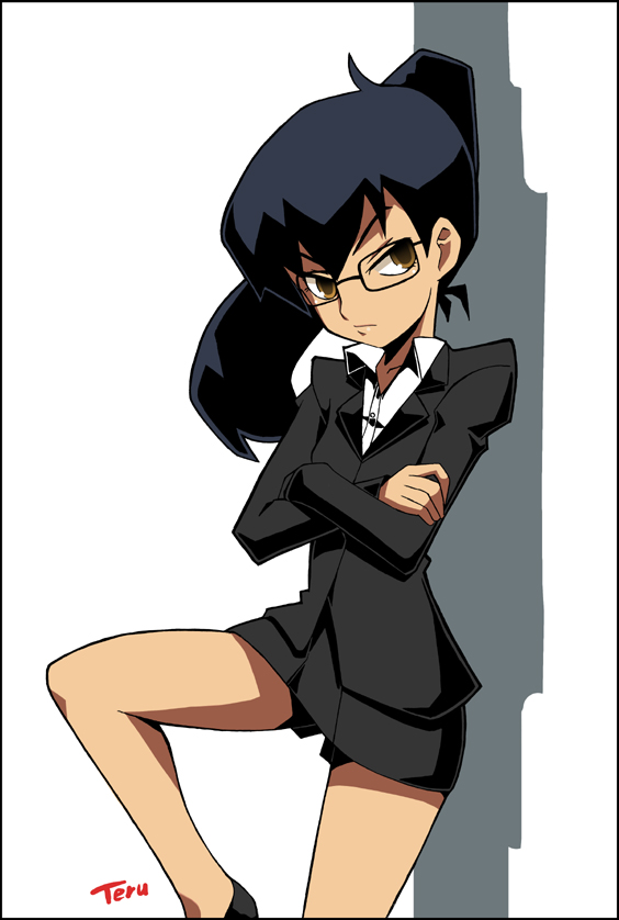 imaizumi teruhiko, aki natsuko, cutie honey, re: cutie honey, 00s, 1girl, black hair, female focus, formal clothes, glasses, miniskirt, pencil skirt, skirt, skirt suit, solo, suit, yellow eyes