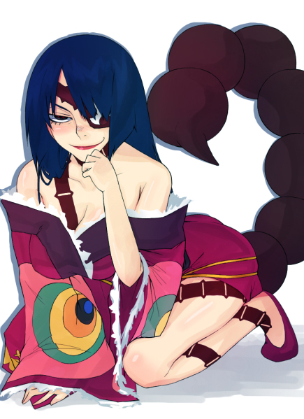 adiane, tengen toppa gurren lagann, 00s, 1girl, bare shoulders, blue hair, dress, eyepatch, female focus, kneeling, lipstick, long hair, makeup, scorpion tail, smile, solo, tail, tattoo