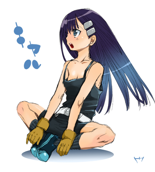 kiyal bachika, tengen toppa gurren lagann, 00s, bike shorts, flat chest, gloves, long hair, purple hair, sitting, solo
