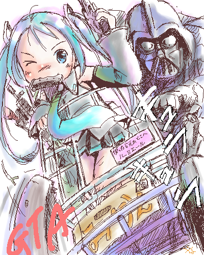 hiyoko touna, darth vader, hatsune miku, grand theft auto, star wars, vocaloid, lowres, 1boy, 1girl, assault rifle, blue eyes, blue hair, box, cardboard box, crossover, finger on trigger, gun, handgun, harmonica, helmet, instrument, long hair, magazine (weapon), oekaki, one eye closed, pistol, rifle, shopping cart, twintails, weapon, what, wink