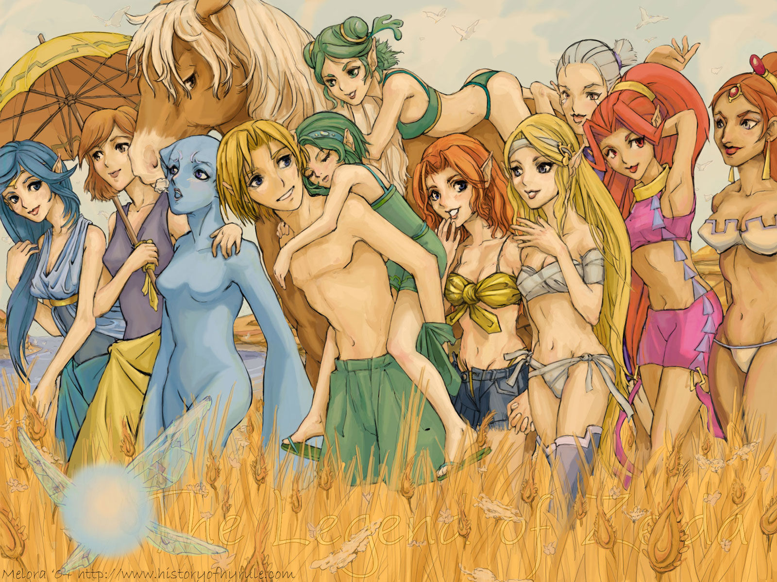 melora, anju (zelda), din, epona (legend of zelda), farore, impa, link, malon, marin (zelda), nabooru, navi, nayru, princess ruto, princess zelda, saria (zelda), nintendo, the legend of zelda, the legend of zelda: link's awakening, the legend of zelda: ocarina of time, the legend of zelda: oracle of ages, the legend of zelda: oracle of seasons, highres, 1boy, 6+girls, ass, bikini, blonde hair, blue eyes, blue hair, breasts, carrying, cleavage, copyright name, english text, everyone, fairy, fish girl, gerudo, green eyes, green hair, groin, hairband, harem, horse, kokiri, long hair, monster girl, multiple girls, navel, orange hair, pimp, pointy ears, purple eyes, red eyes, red hair, summer, swimsuit, umbrella, very long hair, watermark, wheat, zora
