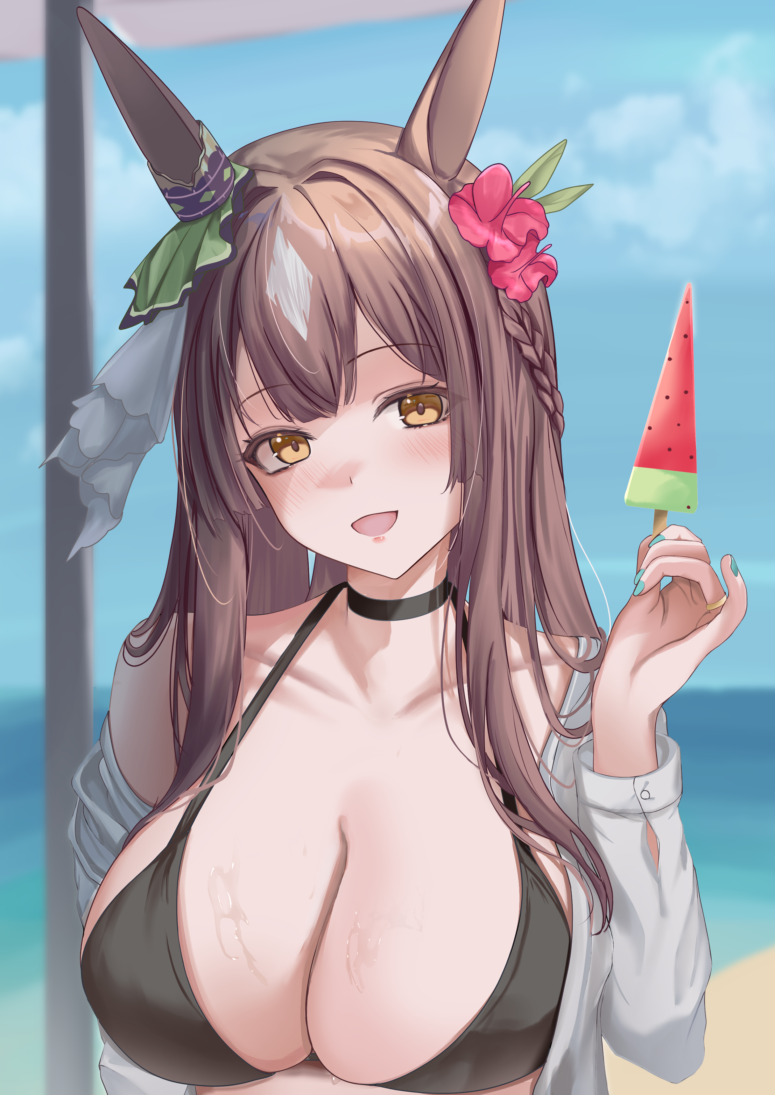 feriri, satono diamond (umamusume), umamusume, absurdres, highres, 1girl, animal ears, bikini, black bikini, black choker, blush, braid, breasts, brown eyes, brown hair, choker, cleavage, collarbone, flower, food, green ribbon, hair flower, hair ornament, hair ribbon, holding, holding food, holding popsicle, horse ears, horse girl, huge breasts, long hair, looking at viewer, open clothes, open mouth, open shirt, pink flower, popsicle, ribbon, shirt, single bare shoulder, solo, swimsuit, watermelon bar, white ribbon, white shirt