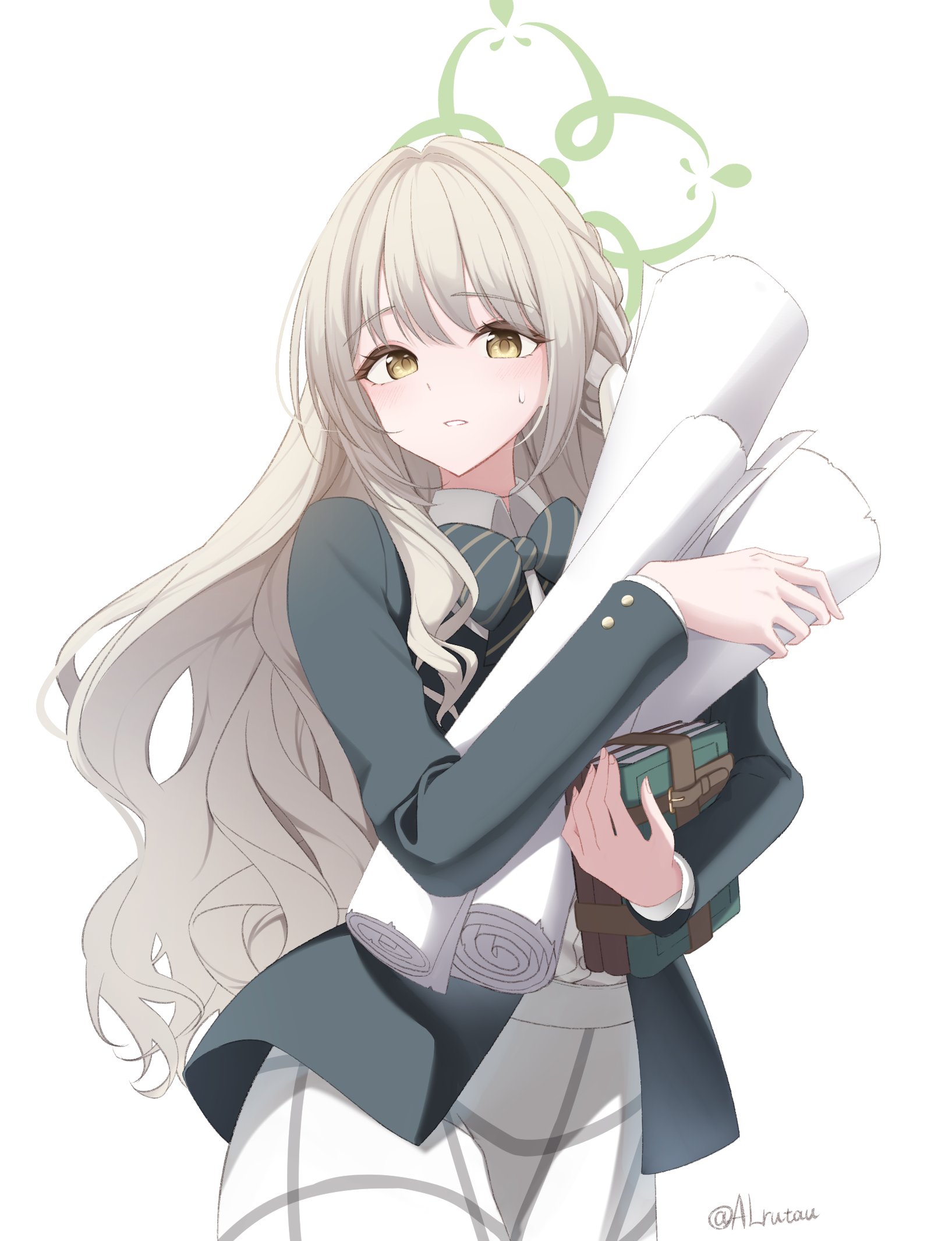 alrutau, blue archive, highres, 1girl, book, bow, bowtie, braid, brown eyes, collared shirt, green halo, grey hair, halo, holding, holding book, holding scroll, jacket, long hair, long sleeves, looking at viewer, miyo (blue archive), school uniform, scroll, shirt, simple background, solo, striped bow, striped bowtie, striped clothes, white background, white shirt