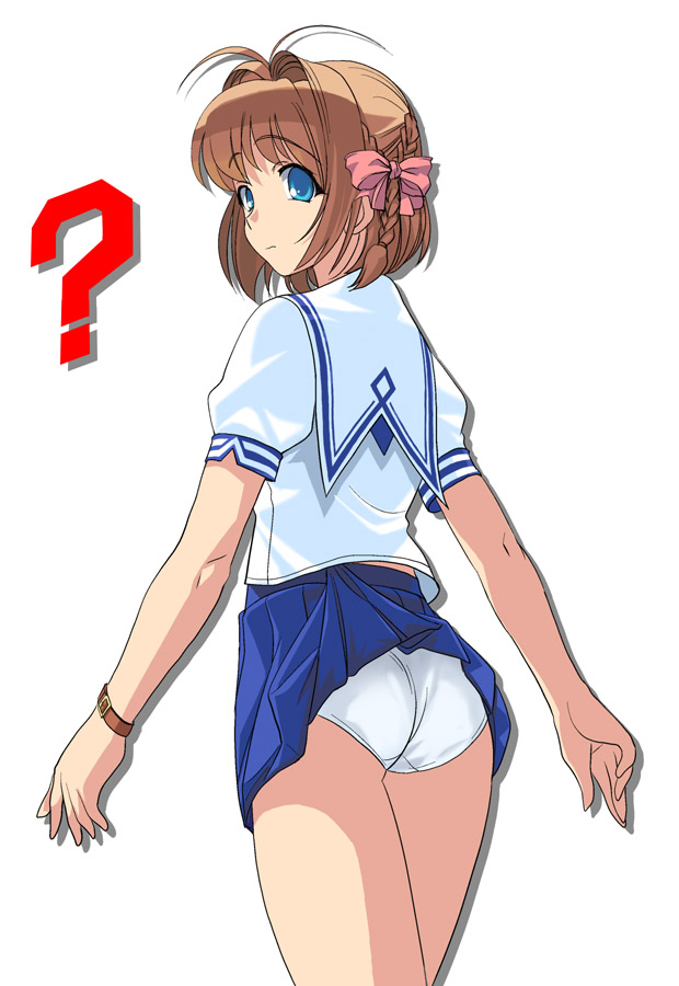 a1 (initial-g), suzumiya haruka, kimi ga nozomu eien, 00s, 1girl, ass, blue eyes, braid, brown hair, clothes lift, female focus, flat ass, hair ribbon, panties, pantyshot, ribbon, school uniform, serafuku, short hair, skirt, skirt lift, solo, underwear