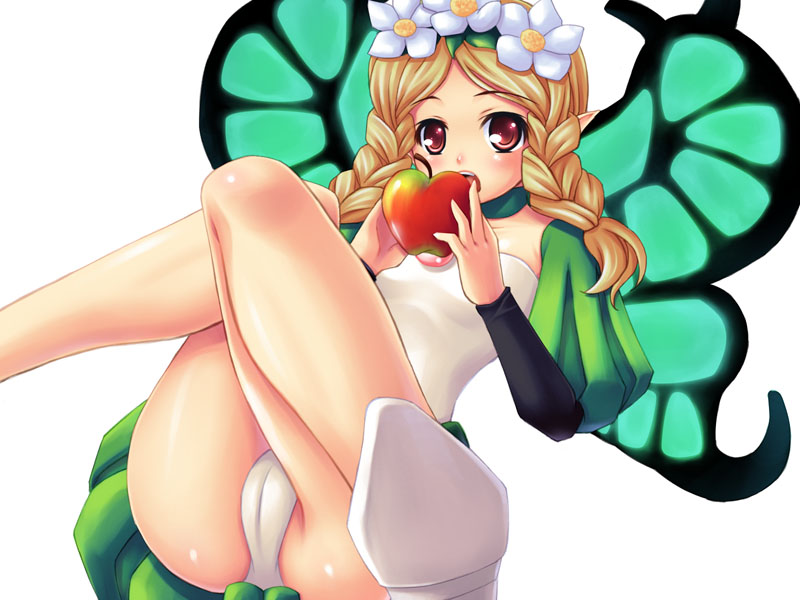 fujirin, mercedes (odin sphere), odin sphere, 1girl, blonde hair, cameltoe, eating, fairy, female focus, flower, loli, panties, pantyshot, pointy ears, red eyes, solo, underwear